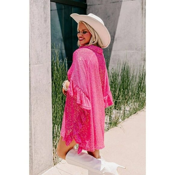 Sweet Dream Sequin Poncho Button-Down Tunic in Hot Pink - Picture 9 of 9